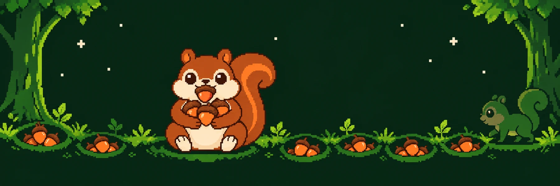 A pixel squirrel sits in a forest at night, holding acorns, with rows of buried acorn stashes along the ground and a second squirrel walking toward them.